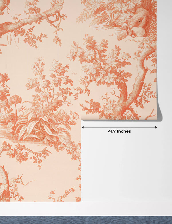 Toile de Jouy Wallpaper, Peach Fuzz Background Pattern Mural, Oversized Custom Size Wall Art, Non-Woven, Non-Adhesive, Modern Wall Paper, Removable