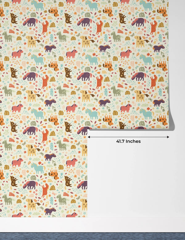 Horses, Clouds, Flowers Wallpaper, Sweet Seamless Pattern Mural, Oversized Custom Size Wall Art, Non-Woven, Non-Adhesive, Modern Wall Paper, Removable