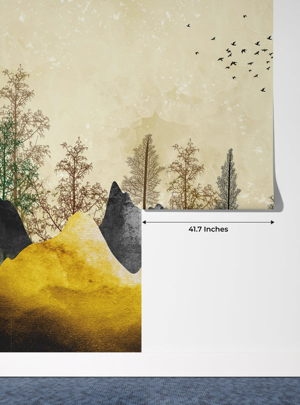Golden Trees Wallpaper, Abstract Landscape Mural, Oversized Custom Size Wall Art, Non-Woven, Non-Adhesive, Modern Wall Paper, Removable