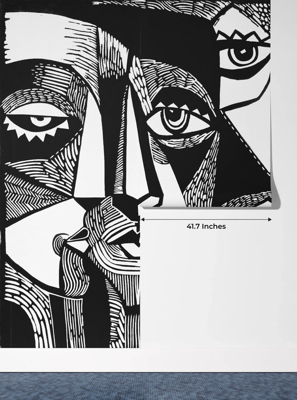 Modern Surreal, Black and White Wallpaper, Linocut Style Mural, Oversized Custom Size Wall Art, Non-Woven, Non-Adhesive, Modern Wall Paper, Removable