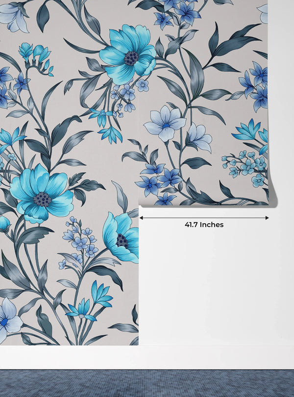 Blue Floral Wallpaper, Seamless Pattern Mural, Oversized Custom Size Wall Art, Non-Woven, Non-Adhesive, Modern Wall Paper, Removable