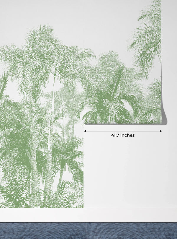 Tropical Green Trees Wallpaper, White Background Mural, Oversized Custom Size Wall Art, Non-Woven, Non-Adhesive, Modern Wall Paper, Removable