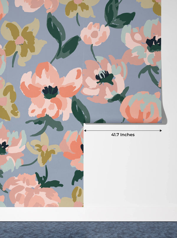 Abstract Floral, Blue Background Wallpaper, Seamless Pattern Mural, Oversized Custom Size Wall Art, Non-Woven, Non-Adhesive, Modern Wall Paper, Removable