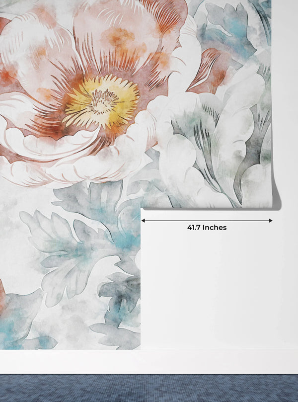 Watercolor Flowers Wallpaper, Hand-Painted Background Mural, Oversized Custom Size Wall Art, Non-Woven, Non-Adhesive, Modern Wall Paper, Removable