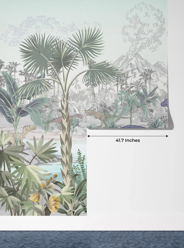 Blue Dino World Wallpaper, Jungle Mural, Oversized Custom Size Wall Art, Non-Woven, Non-Adhesive, Modern Wall Paper, Removable
