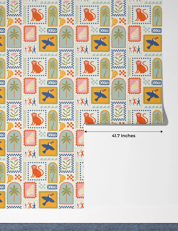 Retro Tropical Summer Wallpaper, Seamless Pattern Mural, Oversized Custom Size Wall Art, Non-Woven, Non-Adhesive, Modern Wall Paper, Removable
