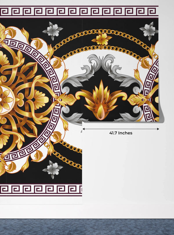 Golden Baroque Wallpaper, Black Background Mural, Oversized Custom Size Wall Art, Non-Woven, Non-Adhesive, Modern Wall Paper, Removable