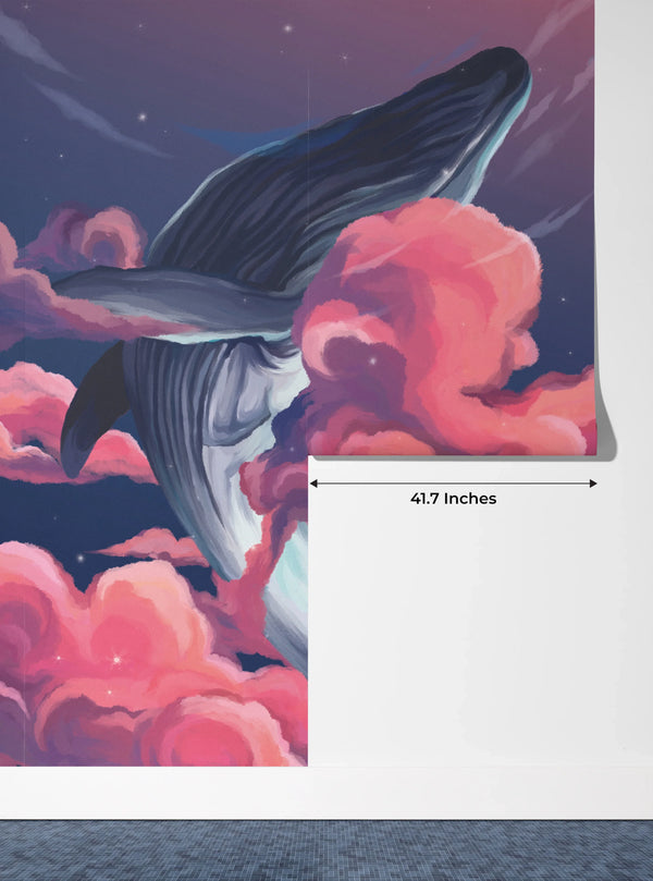 Whales in the Sky Wallpaper, Pink Clouds Mural, Oversized Custom Size Wall Art, Non-Woven, Non-Adhesive, Modern Wall Paper, Removable