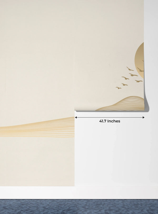 Abstract Gold Landscape Wallpaper, Mountain and Birds Mural, Oversized Custom Size Wall Art, Non-Woven, Non-Adhesive, Modern Wall Paper, Removable