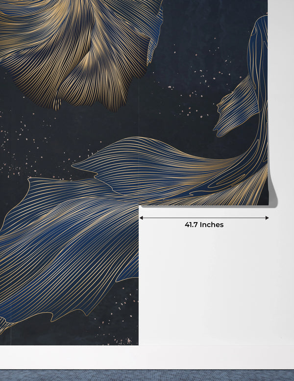 Koi Fish Wallpaper, Golden Line Style Wall Mural, Oversized Custom Size Wall Art, Non-Woven, Non-Adhesive, Modern Wall Paper, Removable