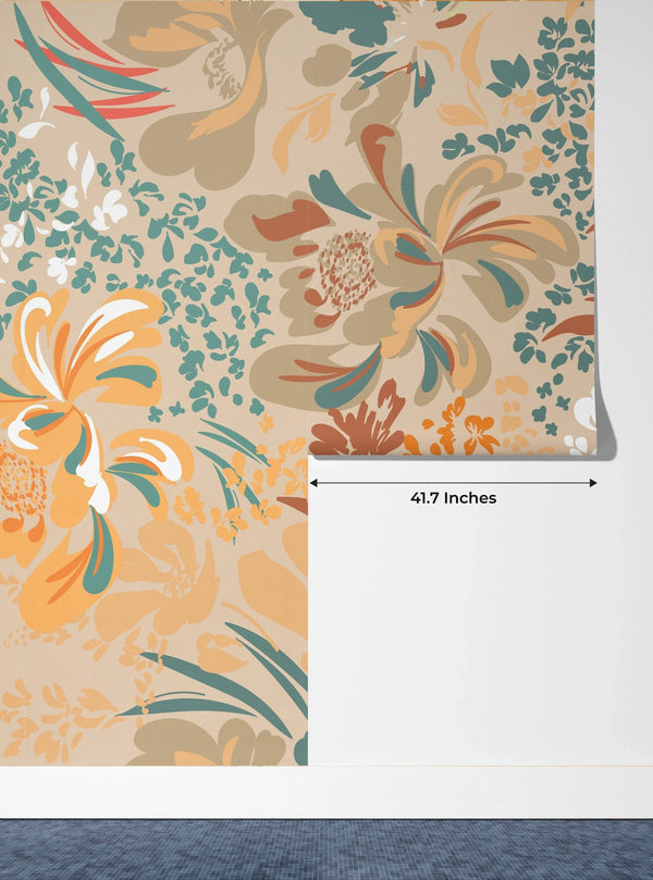 Floral Brown and Green Wallpaper, Seamless Pattern Mural, Oversized Custom Size Wall Art, Non-Woven, Non-Adhesive, Modern Wall Paper, Removable
