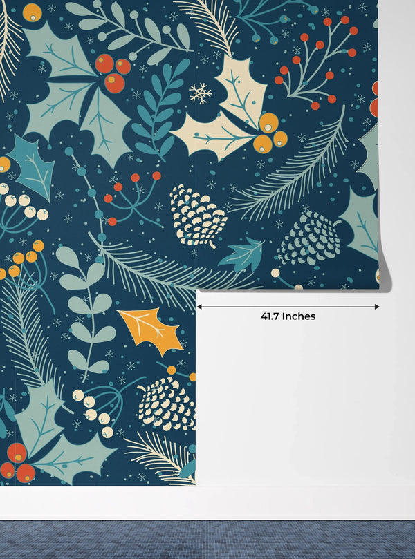 Leaves and Berries, Dark Blue Background Wallpaper, Seamless Pattern Mural, Oversized Custom Size Wall Art, Non-Woven, Non-Adhesive, Modern Wall Paper, Removable