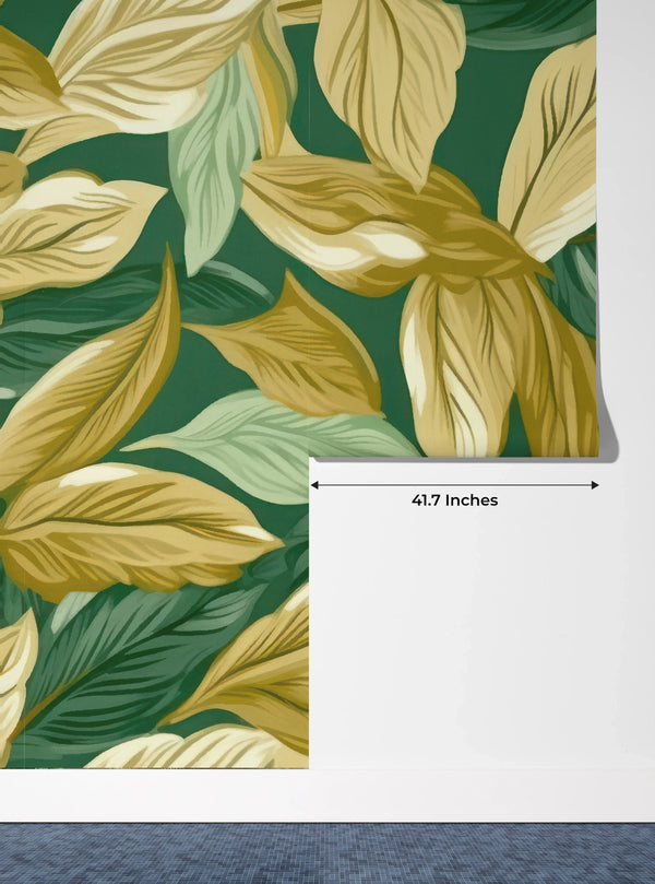 Gold and Light Green Small Leaves Wallpaper, Seamless Pattern Mural, Oversized Custom Size Wall Art, Non-Woven, Non-Adhesive, Modern Wall Paper, Removable
