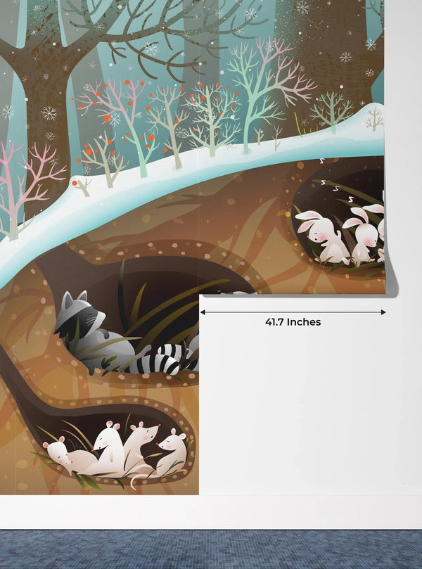 Forest Animals Wallpaper, Sleeping in Den Mural, Oversized Custom Size Wall Art, Non-Woven, Non-Adhesive, Modern Wall Paper, Removable
