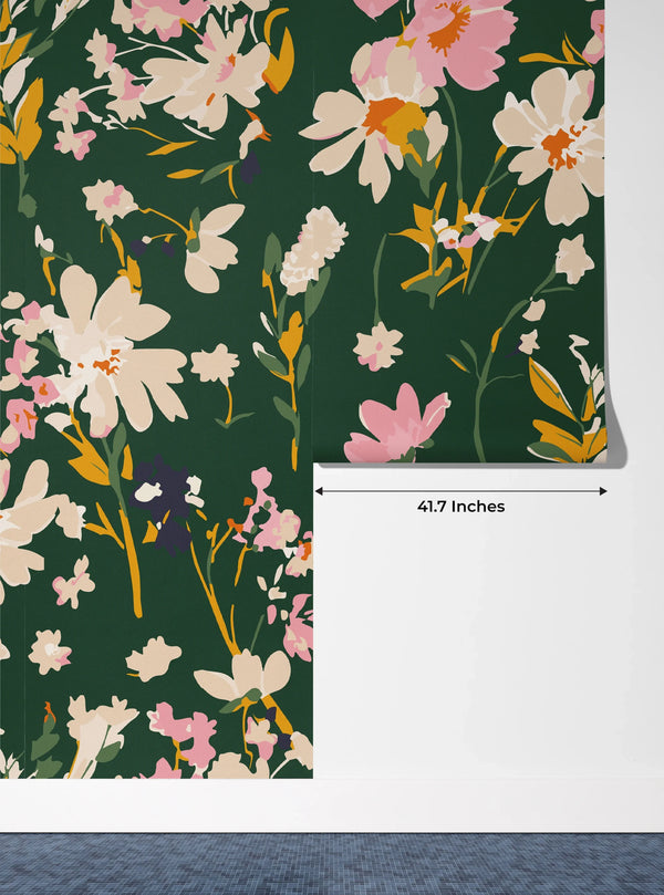 Hand Drawn Floral Wallpaper, Seamless Pattern Mural, Oversized Custom Size Wall Art, Non-Woven, Non-Adhesive, Modern Wall Paper, Removable