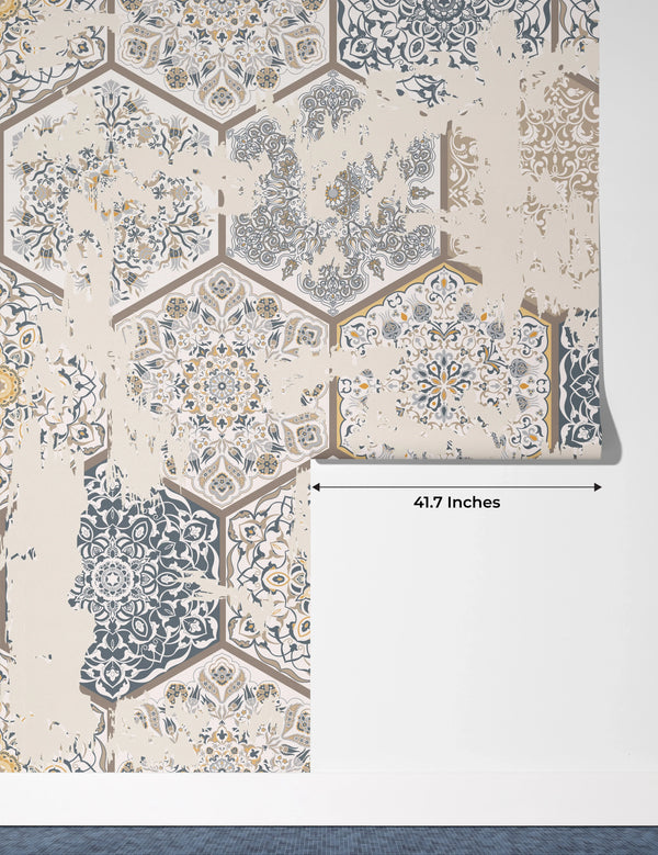 Vintage Tile Wallpaper, Hexagon Pattern Mural, Oversized Custom Size Wall Art, Non-Woven, Non-Adhesive, Modern Wall Paper, Removable