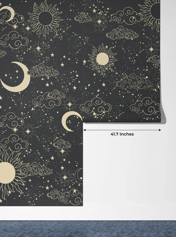 Celestial Pattern Wallpaper, Black Background Mural, Oversized Custom Size Wall Art, Non-Woven, Non-Adhesive, Modern Wall Paper, Removable
