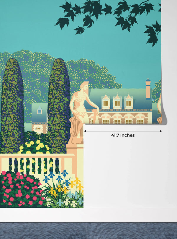 Flower Garden Wallpaper, House and Statues Mural, Oversized Custom Size Wall Art, Non-Woven, Non-Adhesive, Modern Wall Paper, Removable