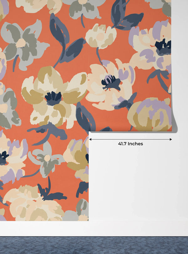 Abstract Floral, Orange Background Wallpaper, Seamless Pattern Mural, Oversized Custom Size Wall Art, Non-Woven, Non-Adhesive, Modern Wall Paper, Removable