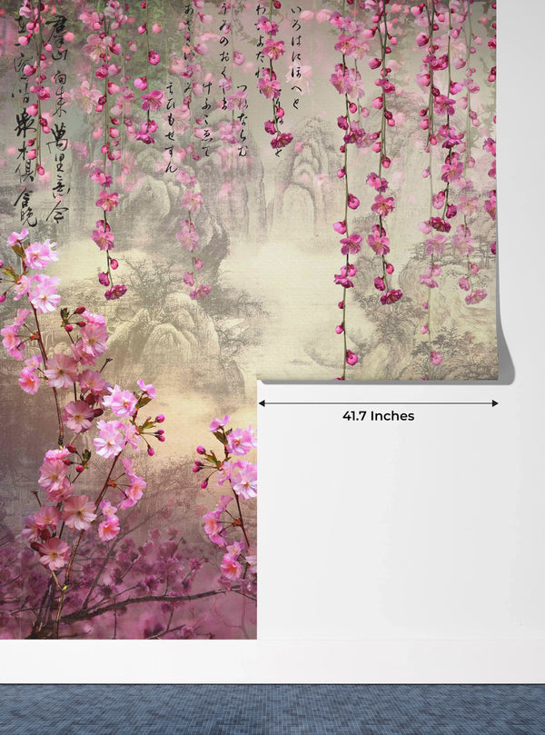 Pink Sakura Flowers Wallpaper, Chinoiserie Mural, Oversized Custom Size Wall Art, Non-Woven, Non-Adhesive, Modern Wall Paper, Removable