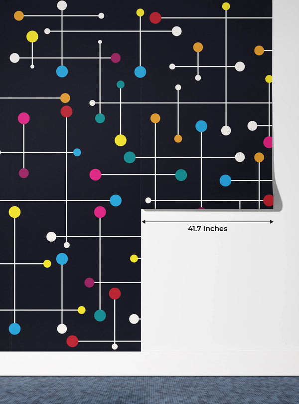 Colorful Lines, Dots Wallpaper, Black Background Mural, Oversized Custom Size Wall Art, Non-Woven, Non-Adhesive, Modern Wall Paper, Removable