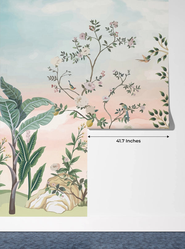 Chinoiserie Wallpaper, Floral Trees Mural, Oversized Custom Size Wall Art, Non-Woven, Non-Adhesive, Modern Wall Paper, Removable