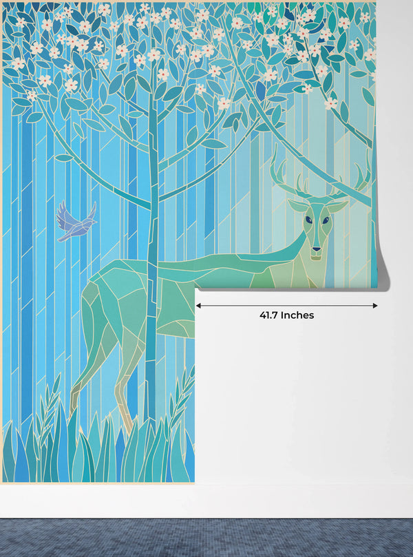 Stained Glass Deers Wallpaper, Spring Forest Mural, Oversized Custom Size Wall Art, Non-Woven, Non-Adhesive, Modern Wall Paper, Removable