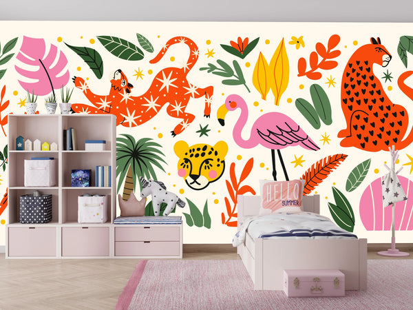 Exotic Tropical Wallpaper, Cartoon Retro Style Mural, Oversized Custom Size Wall Art, Non-Woven, Non-Adhesive, Modern Wall Paper, Removable