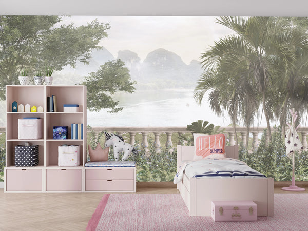 Foggy Forest Wallpaper, Tropical Leaves, Trees Mural, Oversized Custom Size Wall Art, Non-Woven, Non-Adhesive, Modern Wall Paper, Removable