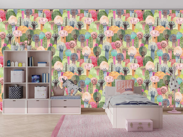 Childish Forest Wallpaper, Seamless Pattern Mural, Oversized Custom Size Wall Art, Non-Woven, Non-Adhesive, Modern Wall Paper, Removable