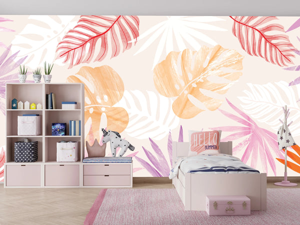 Tropical Art Wallpaper, Colorful Leaves Mural, Oversized Custom Size Wall Art, Non-Woven, Non-Adhesive, Modern Wall Paper, Removable