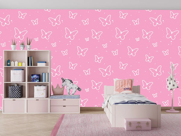 Butterflies, Pink Background Wallpaper, Seamless Pattern Mural, Oversized Custom Size Wall Art, Non-Woven, Non-Adhesive, Modern Wall Paper, Removable
