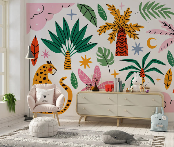 Exotic Tropical Wild Wallpaper, Cartoon Retro Style Mural, Oversized Custom Size Wall Art, Non-Woven, Non-Adhesive, Modern Wall Paper, Removable