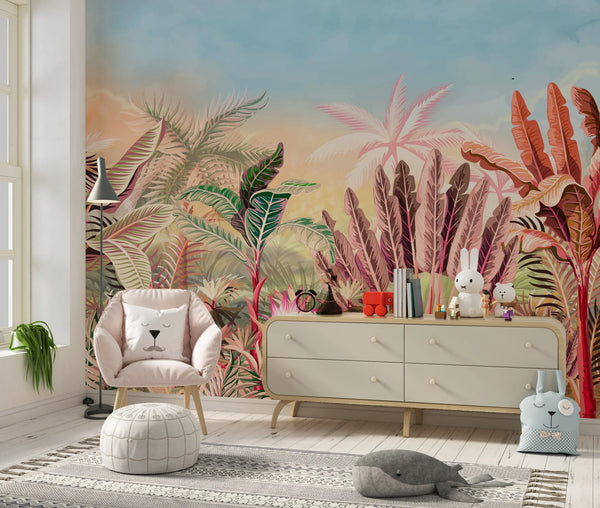 Tropical Forest Wallpaper, Leaves and Trees Mural, Oversized Custom Size Wall Art, Non-Woven, Non-Adhesive, Modern Wall Paper, Removable