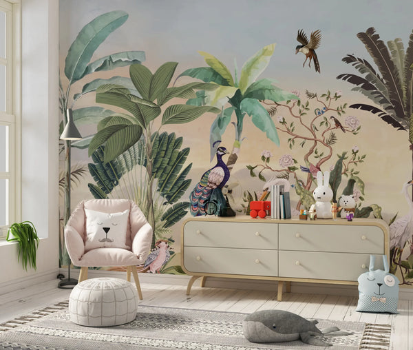 Chinoiserie Style Wallpaper, Birds, Plants Mural, Oversized Custom Size Wall Art, Non-Woven, Non-Adhesive, Modern Wall Paper, Removable