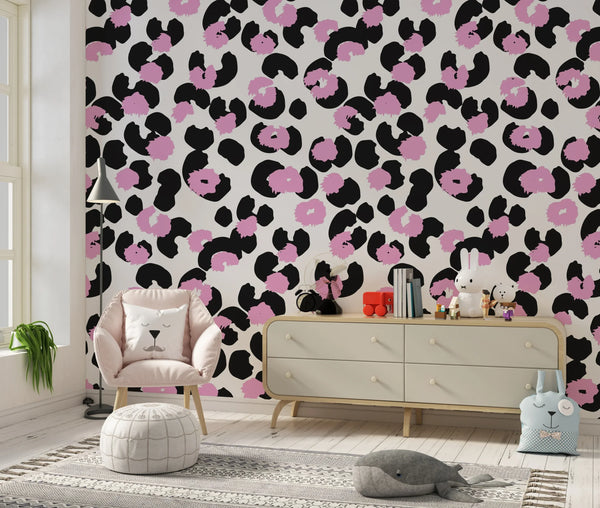 Pink and Black Leopard Wallpaper, Seamless Pattern Mural, Oversized Custom Size Wall Art, Non-Woven, Non-Adhesive, Modern Wall Paper, Removable