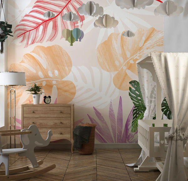 Tropical Art Wallpaper, Colorful Leaves Mural, Oversized Custom Size Wall Art, Non-Woven, Non-Adhesive, Modern Wall Paper, Removable