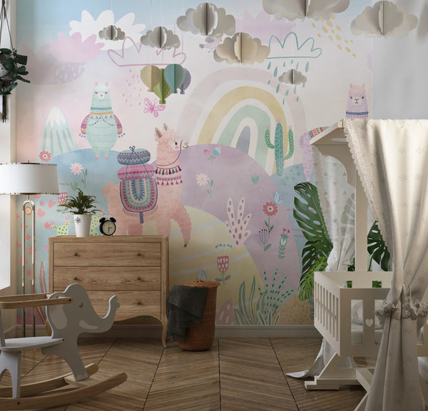 Colorful Wildlife Wallpaper, Clouds, Rainbow Mural, Oversized Custom Size Wall Art, Non-Woven, Non-Adhesive, Modern Wall Paper, Removable