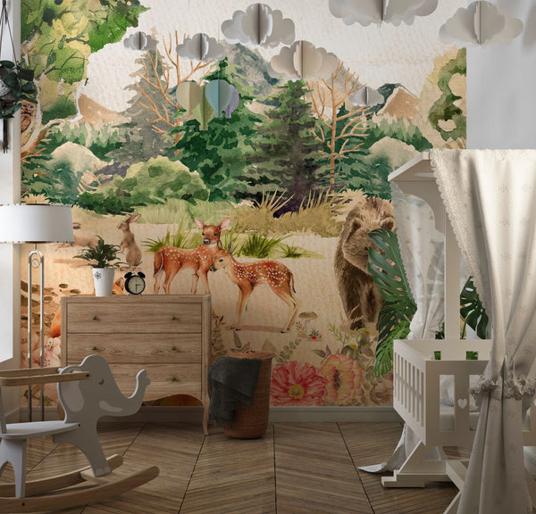 Forest Animals, Trees Wallpaper, Watercolor Mural, Oversized Custom Size Wall Art, Non-Woven, Non-Adhesive, Modern Wall Paper, Removable
