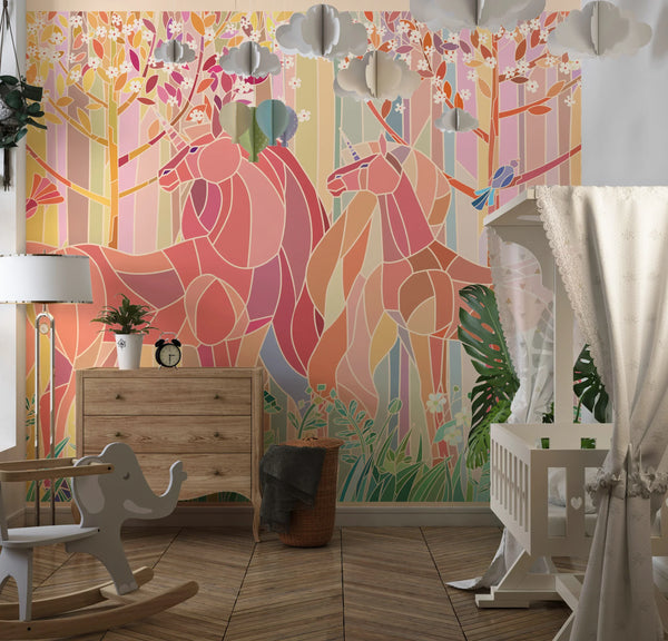Stained Glass Unicorns Wallpaper, Spring Forest Mural, Oversized Custom Size Wall Art, Non-Woven, Non-Adhesive, Modern Wall Paper, Removable
