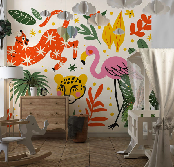 Exotic Tropical Wallpaper, Cartoon Retro Style Mural, Oversized Custom Size Wall Art, Non-Woven, Non-Adhesive, Modern Wall Paper, Removable