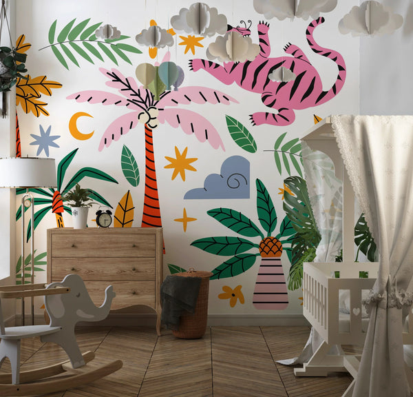 Exotic Tropical Wild Wallpaper, Cartoon Retro Style Mural, Oversized Custom Size Wall Art, Non-Woven, Non-Adhesive, Modern Wall Paper, Removable