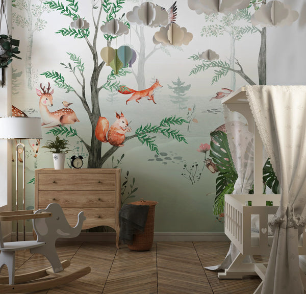 Cute Animals Wallpaper, Kids Mural, Oversized Custom Size Wall Art, Non-Woven, Non-Adhesive, Modern Wall Paper, Removable