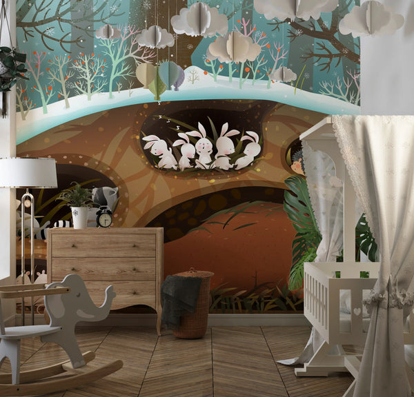 Forest Animals Wallpaper, Sleeping in Den Mural, Oversized Custom Size Wall Art, Non-Woven, Non-Adhesive, Modern Wall Paper, Removable