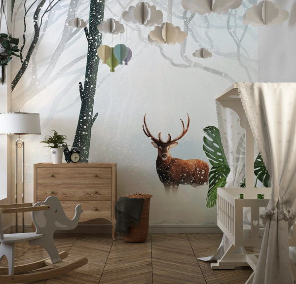 Winter Forest Wallpaper, Deer Mural, Oversized Custom Size Wall Art, Non-Woven, Non-Adhesive, Modern Wall Paper, Removable