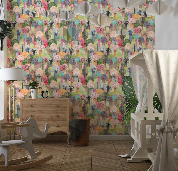 Childish Forest Wallpaper, Seamless Pattern Mural, Oversized Custom Size Wall Art, Non-Woven, Non-Adhesive, Modern Wall Paper, Removable