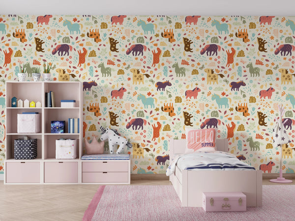 Horses, Clouds, Flowers Wallpaper, Sweet Seamless Pattern Mural, Oversized Custom Size Wall Art, Non-Woven, Non-Adhesive, Modern Wall Paper, Removable