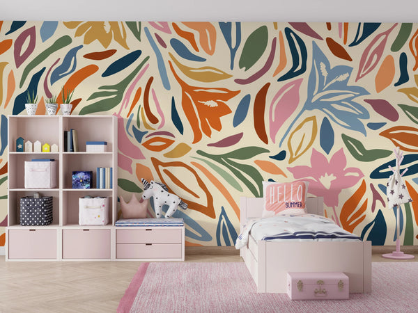 Abstract Shapes and Flowers Wallpaper, Colorful Mural, Oversized Custom Size Wall Art, Non-Woven, Non-Adhesive, Modern Wall Paper, Removable