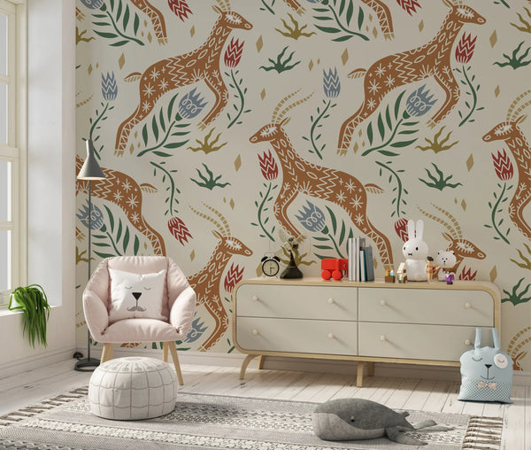 Celestial Folk Antilope Wallpaper, Boho Mural, Oversized Custom Size Wall Art, Non-Woven, Non-Adhesive, Modern Wall Paper, Removable