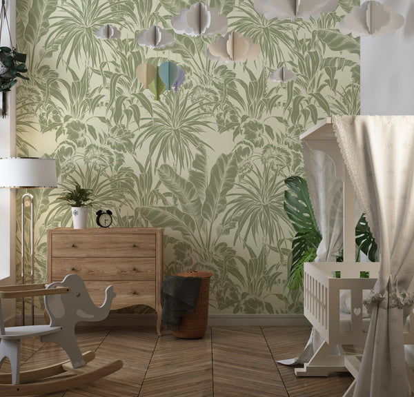 Botanic Plants Wallpaper, Green Mural, Oversized Custom Size Wall Art, Non-Woven, Non-Adhesive, Modern Wall Paper, Removable